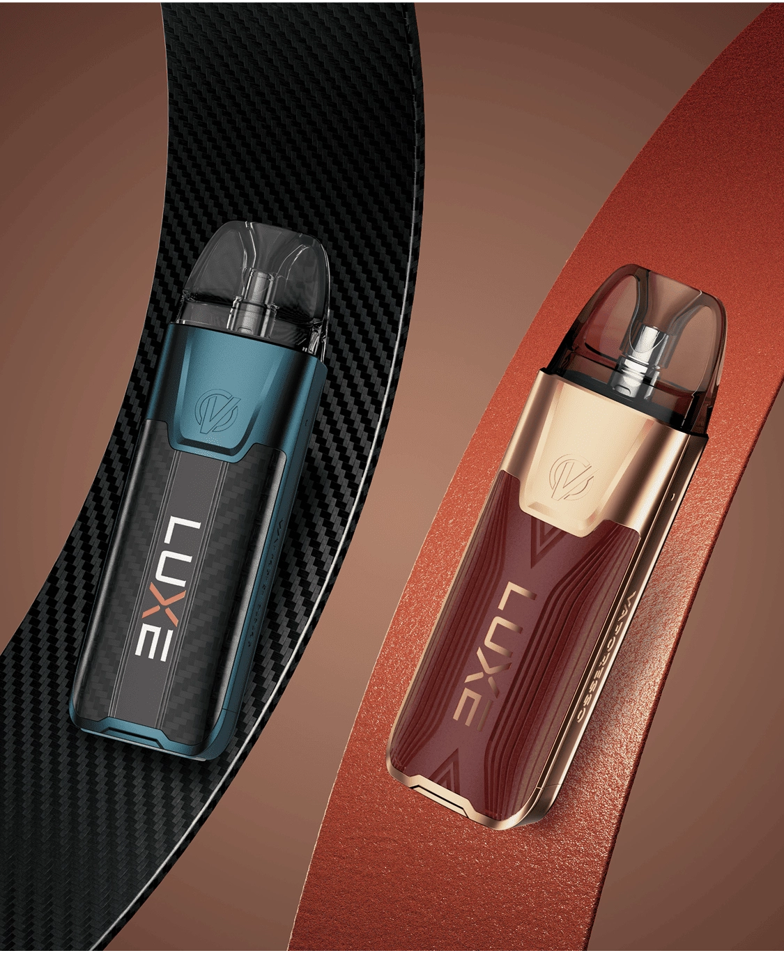 Two VAPORESSO LUXE XR MAX 2 devices in different styles. This professional vape offers personalized aesthetics without compromising its status as one of the best high power vapes.