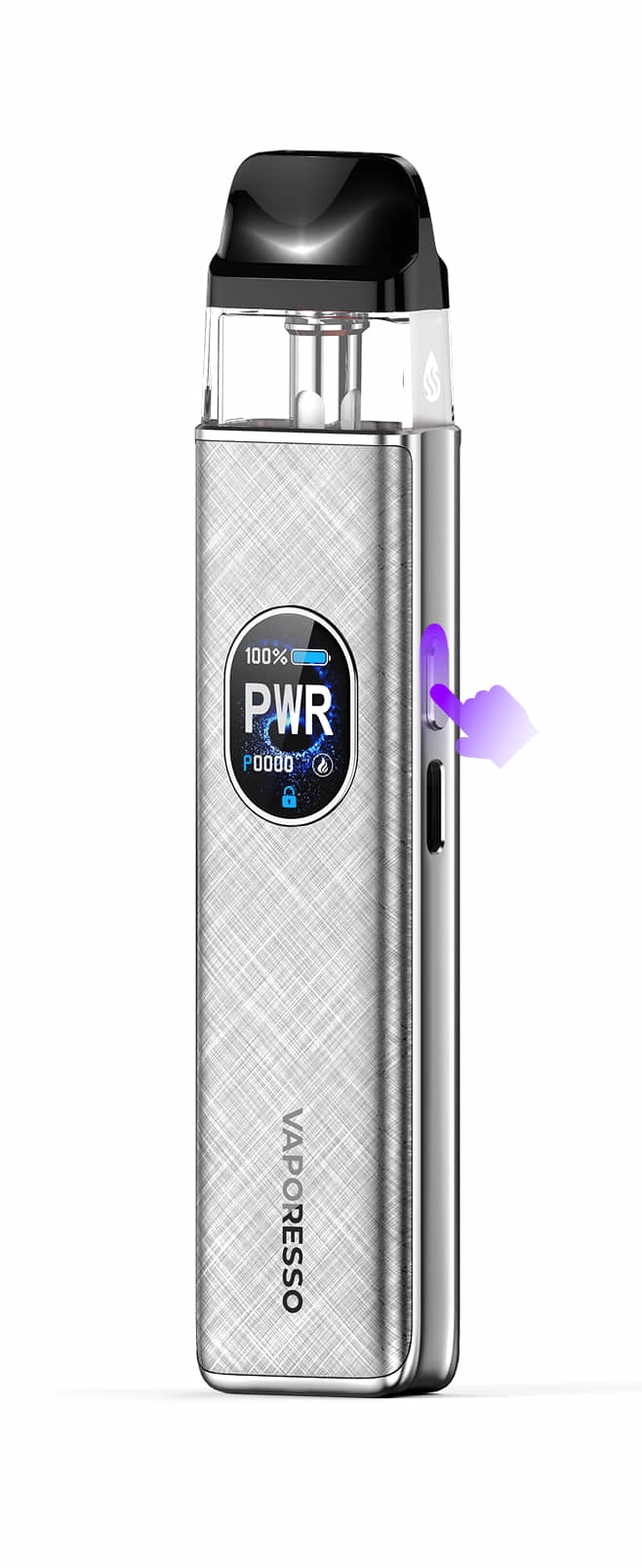 Vaporesso XROS salt nic vape showing simple button controls for activation, theme, power adjustment, and settings. A best vape for nic salts with an intuitive design.