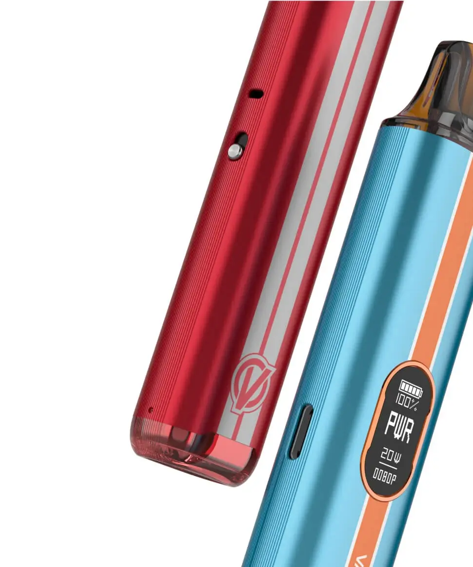 Two VAPORESSO VIBE devices, red and blue, showcasing their radiant shine and exceptional build quality, highlighting the premium finish.